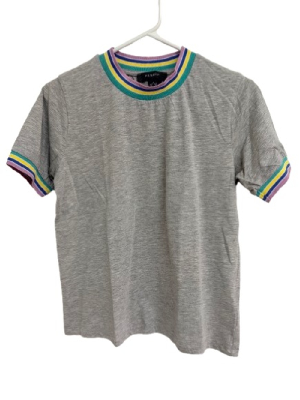 Primark Grey Short Sleeve Tee with Rainbow Stripe Trim